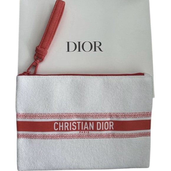CHRISTIAN DIOR Novelty Cosmetic Makeup Pouch Wristlet White Terry Cloth NIB - Picture 6 of 8